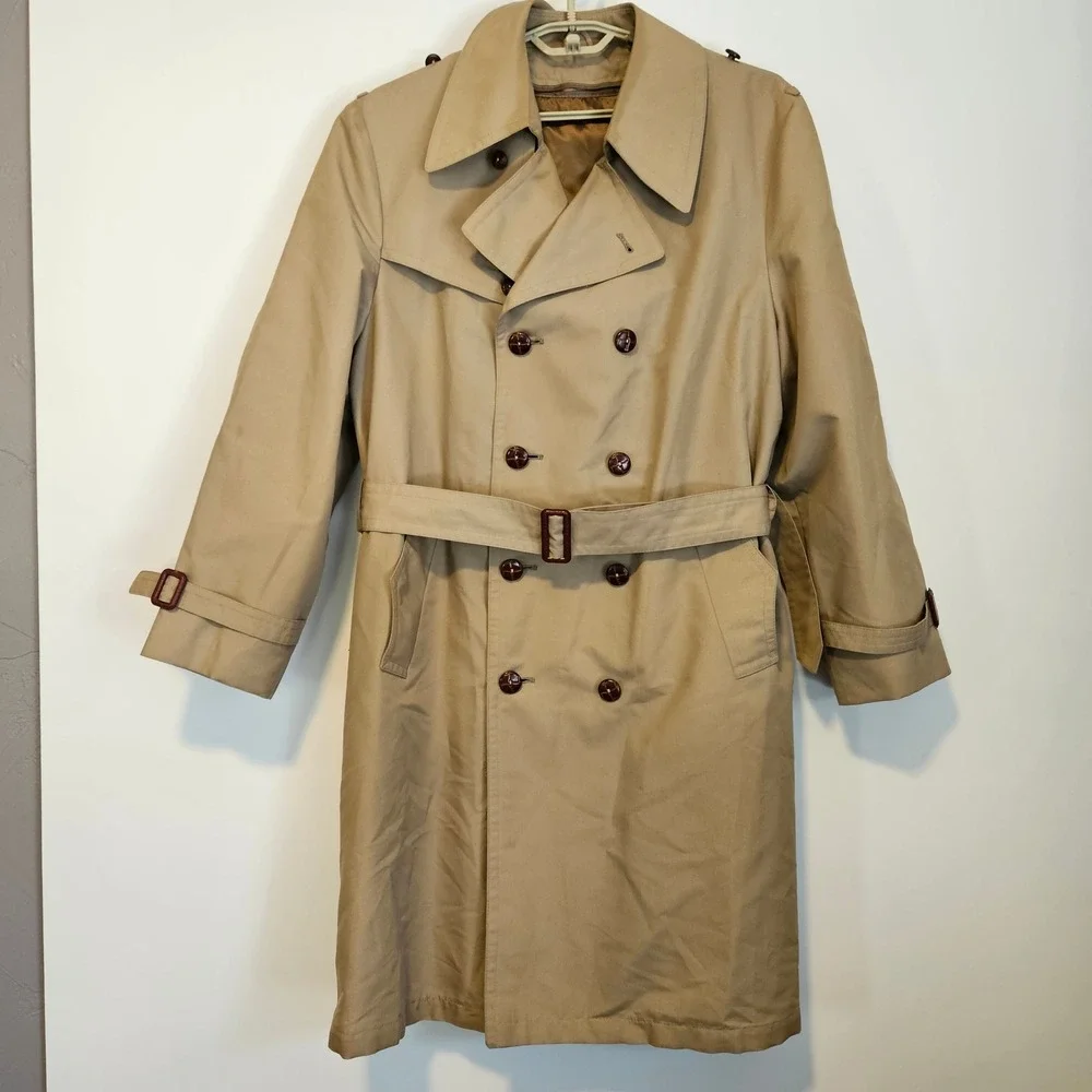 Vintage Sears Double Breasted Trench Coat Belted Mens 42 Beige Tan Detective